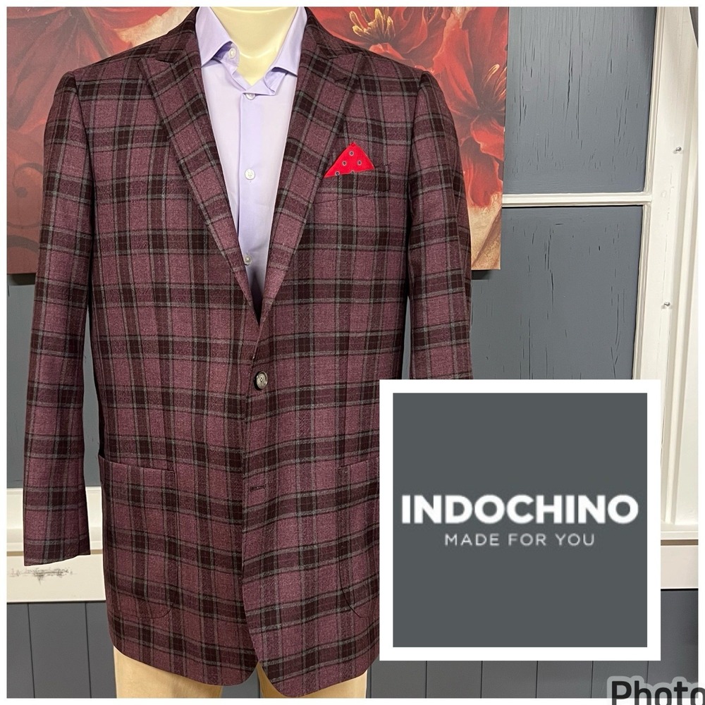 Indochino Custom Blazer Sport Coat Mens 46R Tailored Fit Deep Red/Green Flannel